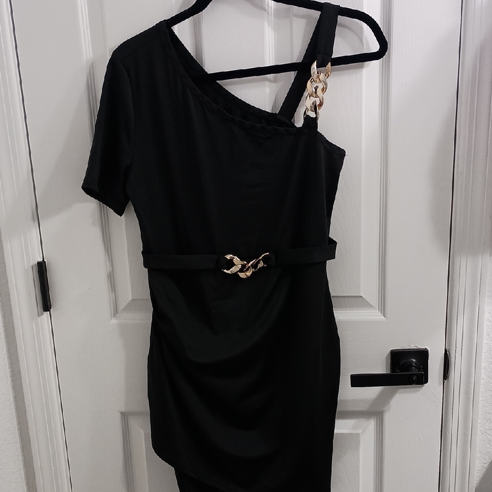 SHEIN Black One Shoulder Dress with Gold Chain Detail SZ L